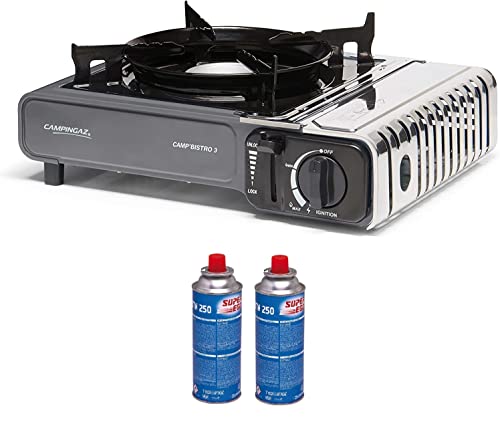 FYSHOP. PACK Campingaz Camp Bistro hornillo de Gas Individual, hornillo de Camping, Potencia 2200 W + 2 CARTUCHOS DE GAS SUPER EGO