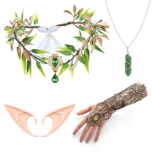 4PCS Forest Fairy Ears Costume Accessories WoodlandFairy Crown Headband Lace Gloves Pixie Elf Ear VikingNecklace Renaissance Elf Costume for Women GirlsHalloween Cosplay Costume Party (silver)