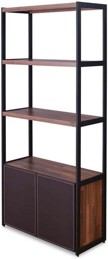 Modern Black Wood Bookcase with Faux Leather Doors, 32"x70"
