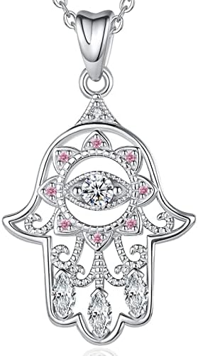 EUDORA Evil Eye Necklace 925 Sterling Silver Hamsa Hand Fatima Good Luck Clear CZ Vintage Pendant Necklace, 18" Chain