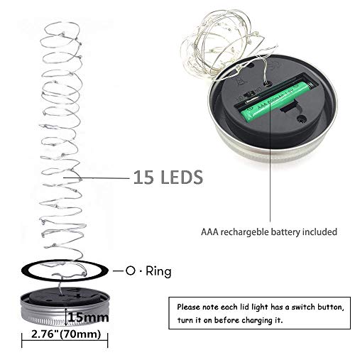 Sunkite Solar Mason Jar Lid Lights [Updated], 6 Pack 15 Led Waterproof Fairy Firefly Jar String Lights With Hangers (No Jars), Patio Yard Garden Wedding Easter Decoration - Warm White #TOP4