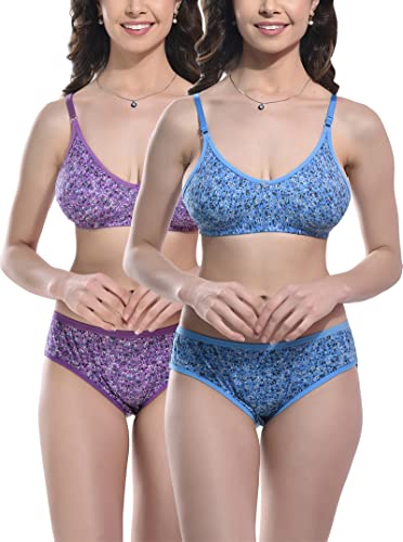 Image of StyFun Women Cotton Blend Floral Print Non-Padded Non-Wired Bra Panty Set Full Coverage Lingerie Set Multicolor See Main Image to Check How Many Sets You Will Get