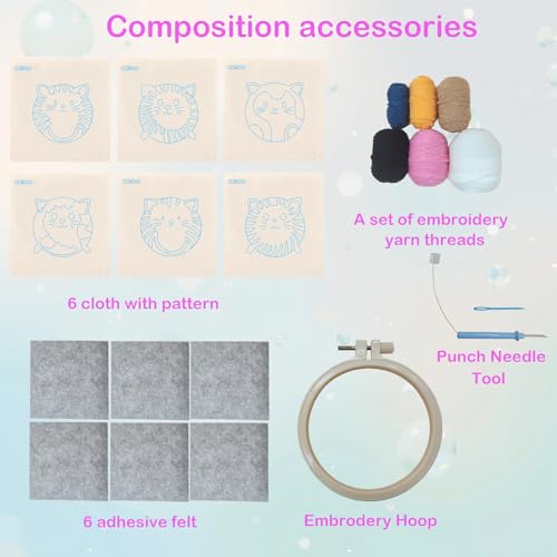 Image of 57lilina 6pcs Coaster Punch Needle Kit for Beginners & Adults, Animal Cat | Complete Step-by-Step Guide Make Punch Stitching Embroidery Art Drink Coasters, Easy DIY Hobby Craft Set for Women Starter