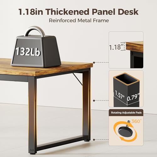 Image of 40 Inch Computer Desk, 1.2 inch Thick Small Office Table, Brown | Modern Simple Style, Heavy Duty Industrial Frame, Small Study & Writing Table for Home Bedroom Work