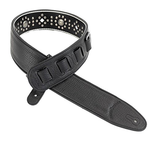 Walker & Williams Gtr-30 Handmade Black Leather Guitar Strap With White Trim, Conchos & Silver Nailhead Rivets For Acoustic, Electric, And Bass Guitars #TOP4