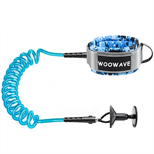 WOOWAVE Bodyboard Leash for Wrist with Plug Preventing Entanglement, Premium Coiled 7mm Bicep Leash Body Board Leash with High-Grade SBR Camouflage Wristband, Blue