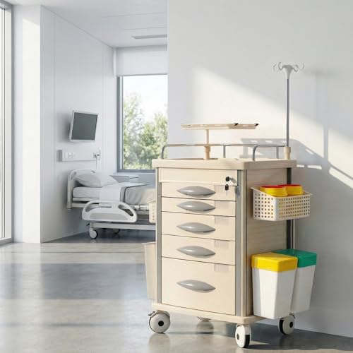 Fuzren Medical Rolling Storage Crash Cart with Wheels, 5-Tier Medical Cart with Drawers, Adjustable IV Pole, Trash Bin & O2 Holder, Needle Disposal Holder, Silent Casters, Ideal for Hospitals (Grey)