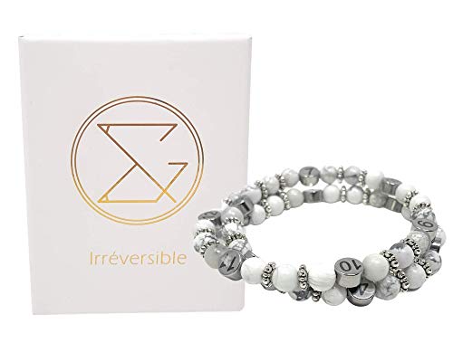 Pulsera de lactancia en perlas naturales Howlita y magnesita - Joyería de diseño francés - Reloj de alimentación para la futura madre - Regalo de nacimiento para embarazadas Cover