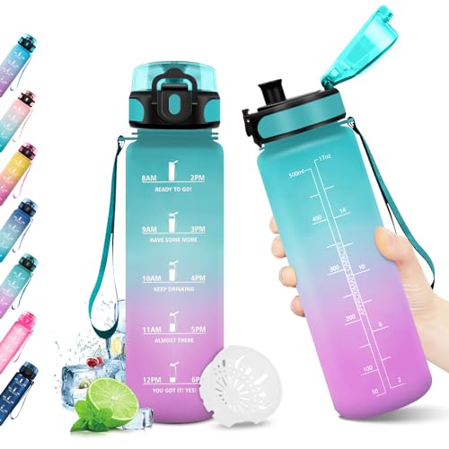 KollyKolla Botella Agua Niños 500ml, Botella Agua, Botella Agua Motivadora, sin BPA, Prueba de Fugas, Reutilizable Cantimplora para Niños, Adulto, Colegio, Gimnasio, Oficina, Bicicleta, Gym, Fitness