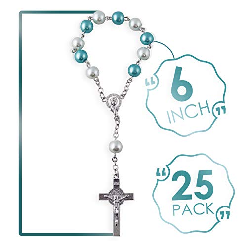 Baptism Party Favors - Blue & White Beaded Rosary Bracelet - Baptism Giveaways For Guests - Baptism Gifts For Baby Boy - Individual Cotton White Organza Bag - For Christian Religious Events, 25 Pieces #TOP6