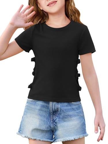 Image of Haloumoning Girls Short Sleeve Shirts Kids Summer Casual Side Bow Knit Tops Tees 5-14 Years
