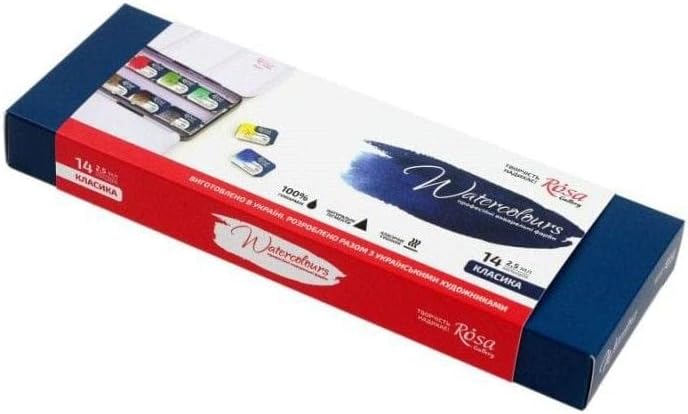 ROSA Gallery Professional Watercolor Paint Set, Made in Ukraine, 14 Water Colors of 2,5ml, Portable Travel Watercolor Kit, High Lightfastness Paints for Artists, Adult in Metal Case
