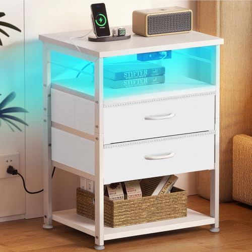Coleshome Mesillas de Noche Dormitorio, con 2 Puertos USB, 1 Enchufes y Tira de Luces LED, Mesita de Noche con 2 Cajones de Tela y 2 Espacios de Almacenamiento, para Dormitorios Pequeños, Blanca