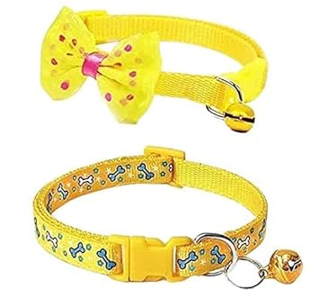 Woofy Cat Collars Cute Bow-tie and Fancy Bone Printed Collar with Bell, Safety Identification Collars for Puppy, Kitten and Small Pets Pack of 2 (Yellow Color)