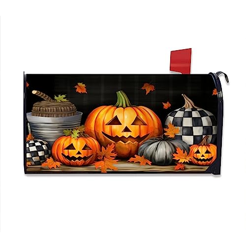 Image of Halloween Mailbox Cover Magnetic Standard Size 21 inch X 18 inch Carved Pumpkins Magnetic Mailbox Covers Fall Autumn Halloween Post Wraps Letter Box Cover Decoration for Outside