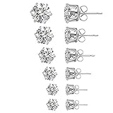 Sohapy Stainless Steel Round Clear Cubic Zirconia Diamond Rhinestone Stud Earrings, Roseate Jewelry, 6 Pairs (Color Silver)