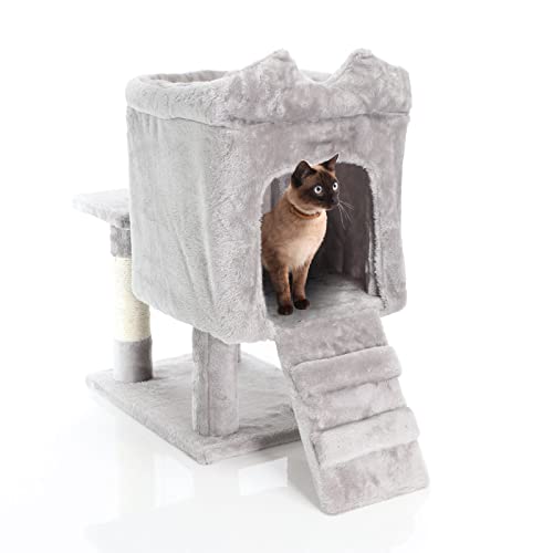 Fudajo Kratzbaum in Hellgrau 60 cm mit Katzenhaus, Katzenkratzbaum mit Plattform und Liege, Katzenbaum mit Spielball und Leiter, Katzenmöbel mit Sisal