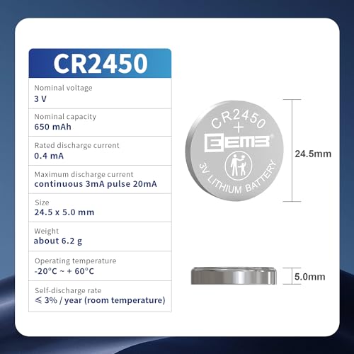 EEMB CR2450 Battery CR 2450 3v Lithium Coin Cell Batteries Long Lasting Power 650mAh for Car Key Fobs, Car Remote, Watches, Flameless Candles & Smart Devices (5 Pack)2