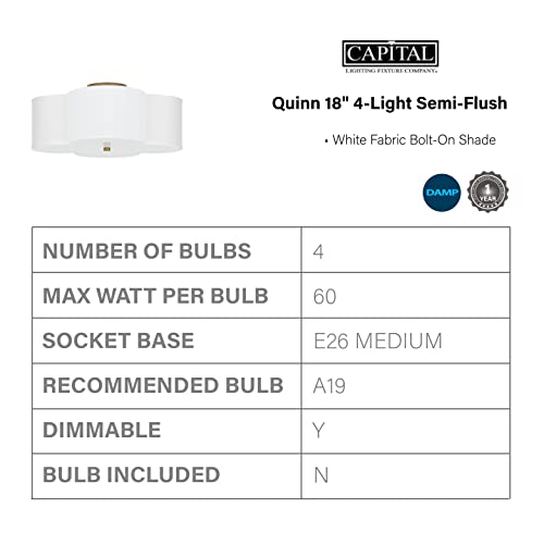 Capital Lighting 4453Bg-561 Quinn Decorative Fabric Shade Semi Flush Ceiling Light Fixture, 4-Light 240 Total Watts, 8" H X 18" W, Brushed Gold #TOP4