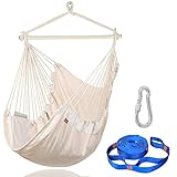 PIRNY Hammock Chair Hanging Rope Swing with Side Pocket-Max Capacity Up to 300 LBS,Comfortable and Sturdy(Large White no Cushion)