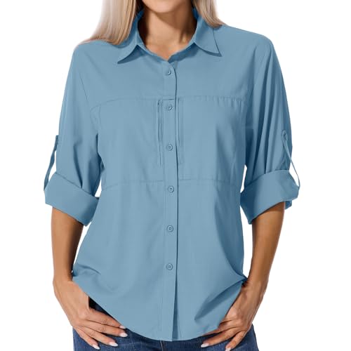 Asfixiado Shirts Damen UV Shirt UPF 50+ Safari Kleidung Wanderbluse Damen Hemdbluse Outdoor Atmungsaktiv Quick Dry Sonnenschutz Langarmshirt Bluse
