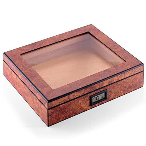 Marvero Royal Glass Top Humidors - Humidor for 25-35 Sticks with Digital Hygrometer & Divider - Spanish Cedar Wood Interior, Rich Rosewood Finish