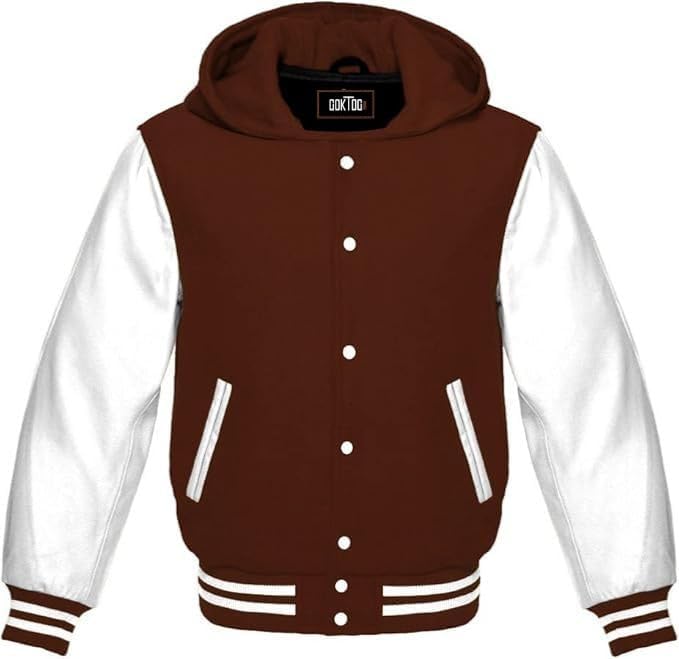 Hooded Varsity Jacket Women, Baseball Letterman Wool Body Genuine Leather Sleeves Bomber Jackets with Hood