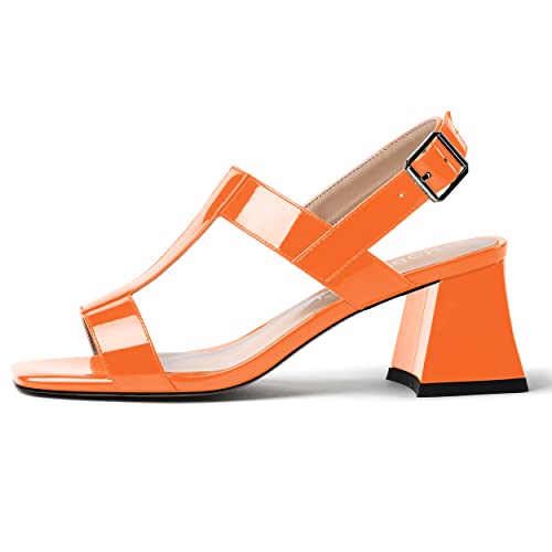 Modencoco Women's Square Toe Low Heel Patent Buckle Dating Strap 2 Inch Comfortable Chunky Slingback Fashion Heeled Sandals Orange Size 10 - Ropa Y Zapatos Para Mujer #TOP1