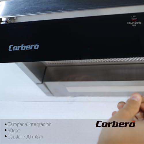 Corbero Filtergruppe 60 cm | Durchflussmenge 750 m³/h | Farbe Edelstahl | 230 W | 3 Geschwindigkeiten | Aluminiumfilter 3 Schichten | Kohlefilter | Energieeffizienz B, Edelstahl