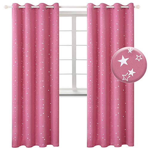 Image of BGment Kids Blackout Curtains for Bedroom - Grommet Thermal Insulated Silver Star Print Room Darkening Curtains for Living Room, Set of 2 Panels (52 x 102 Inch, Pink)