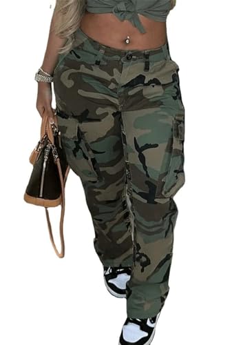 Womens Camo Print Cargo Casual High Waist Zipper Wide Leg Army Pants with Pockets Medium