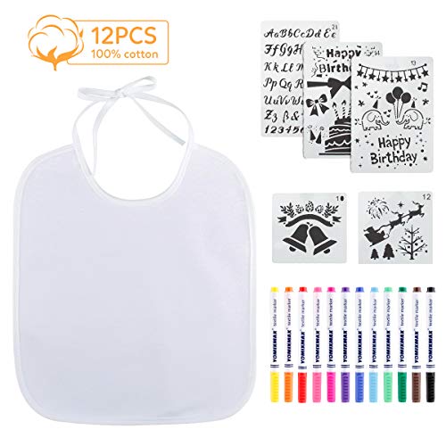Samione Baby Babero para pintar (12 unidades, lavable, algodón, resistente al agua, con 12 rotuladores textiles, 5 plantillas para colorear, regalo perfecto para fiestas de baberos y duchas), blanco