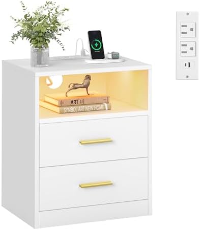 VASAGLE CUSTOS Collection - 40.1 cm Wide Nightstand with Charging Station, LED Lights, Modern Night Stand, Side End Table with Drawers, Open Shelf, 2 AC Outlets USB Ports, Cloud White ULET629WB03