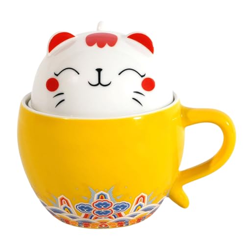 ARISKEY Ceramic Tea Mug with Infuser and Lid, Cat Tea Cup with Filter for Steeping Loose Leaf, Handmade Porcelain Teacup, 3D Funny Novelty Mug for Home Office (Yellow)