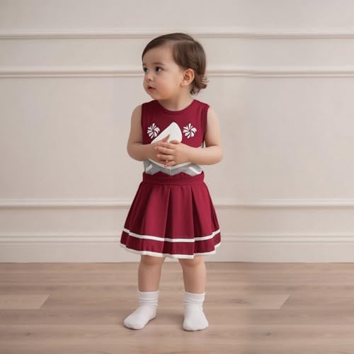 CREAIRY Toddler Baby Girl Cheerleader Outfit Shirt Tops Skirt Set Cheer Uniform Outfit Halloween Cheerleading Clothes (Wine Red, 3-4T)