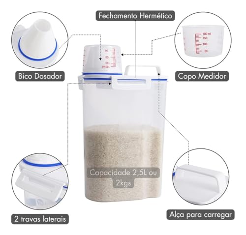 Pote Hermético com Tampa para Armazenamento de Alimentos com Bico e Copo Medidor 2L Dispenser para A