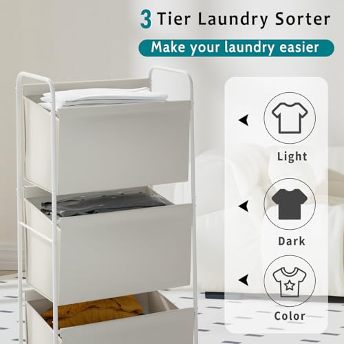 Image of 125L Vertical Laundry Hamper with Wheels, 3 Section Large Rolling Laundry Sorter with Detachable Inners, Metal Clothes Hamper Laundry Baskets Organizer for Bathroom, Bedroom, Dorm (Beige)