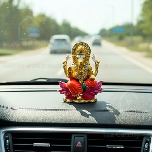 Image of Lord Ganesha Car Dashboard Idol & Crystal Stones Lotus Base Design Hindu God Ganpati.Believed to Protect and Bless Travelers on Their Journeys. (Color)