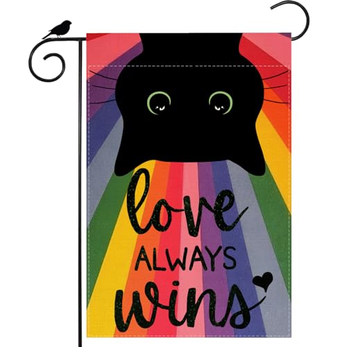 ZAEW Love Always Wins Cat Rainbow Pride LGBTQ Garden Flag Inclusion Diversity Gay Transgender Equality Yard Flag 12x18 Inch Double Sided Small Mini Yard Outdoor Outside Decoration