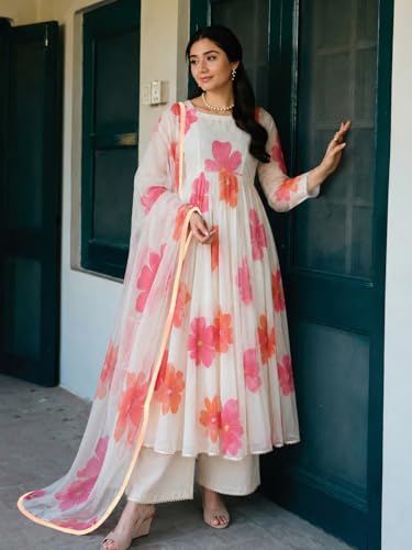Image of ANNI Designer Kurta Sets for Women Chanderi Cotton Printed | Kurti Set for Woman | Anarkali Kurta Pant Dupatta Set | 3 Piece Set Women | Round Neck 3 /4 Sleeve Suit Set Stylish Ethnic Outfit Clothing