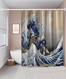 Funny Wave Theme Shower Curtain, Cute Cartoon Pattern Shower Curtain, Waterproof Decorative Bathroom Bath Curtains 60x72 Inches