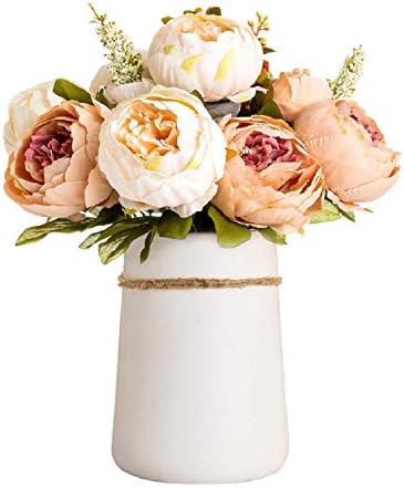 Queen Bee Silk Peony Bouquet with Ceramic Vase Included Large Size 14" Wedding Centerpiece Events Birthday Gift Bridal Baby Shower Floral Arrangement Artificial Fake Flowers (Champagne)
