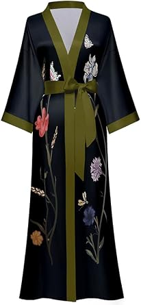 Long Kimono Robe Women Cover Up Print Floral Satin Sleepwear Silky Bathrobe Bachelorette Robe