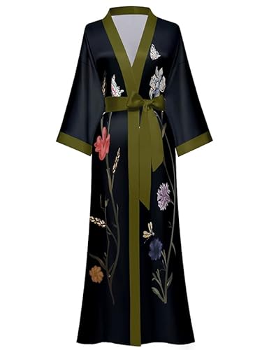 EORUBE Long Kimono Robe Women Cover Up Print Floral Satin Sleepwear Silky Bathrobe Bachelorette Robe (Black - Long Flower Branch)