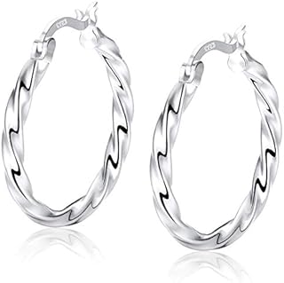 Sllaiss Twist Hoop Earrings S925 Sterling Silver White Gold Plated Sleeper Earrings for Women Men 18K Gold Huggie Hoop Earrings Diameter 25mm