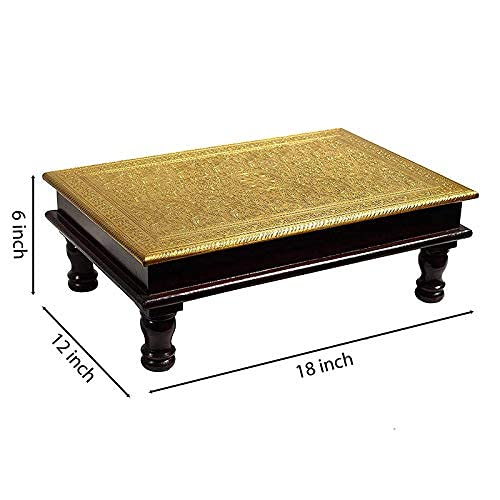 Mansi Enterprises Wood & Brass Chowki | Brass Work Pooja Bajot Stool | Home Decor Sitting Table (Goldcolor_18 x 12 x 6 Inches) 1