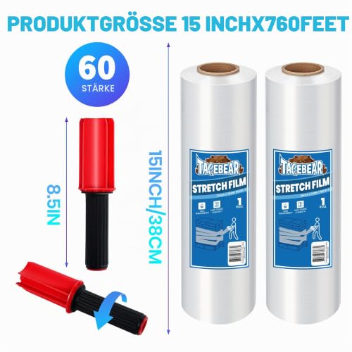 TAPEBEAR Stretchfolie mit Griffen, Transparente Wickelfolie 380mm x 230m Industrielle Stärke 60 Gauge Kunststofffolie Schrumpffolie für Palettenverpackung, Versand, Umzug, 2 Rollen
