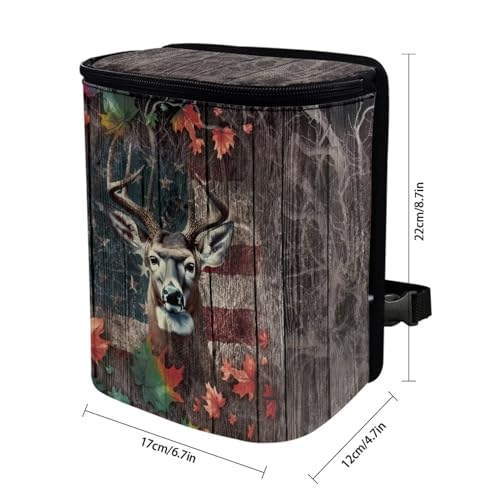 Image of Talayituse Deer Wood American Flag Print Car Trash Can, Portable Auto Garbage Bin Multifunctional Vehicle Interior Accessories with Adjustable Straps Universal Fit Truck SUV Sedan