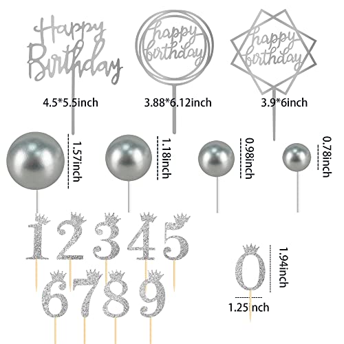 25 Pcs Silver Ball Cake Topper Set, Acrylic Happy Birthday Cake Toppers Silver Numbers 0-9 Crown Cake Topper Ball Shaped Cake Insert Toppers Birthday Cake Decorations For Children Or Adults (Silver) #TOP5