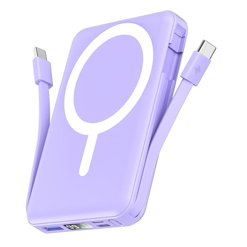podoru for Magsafe Battery Pack 10000mAh Magnetic Power Bank Built-in Double USB C Cables 20W PD Fast Charging LED Display Wireless Portable Charger for iPhone 17/16/15/14/13/12 Series-Purple